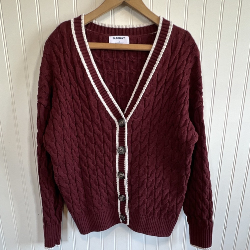 Old Navy Womens Cable-Knit Cardigan Sweater Burgundy/White Trim M Cotton preppy